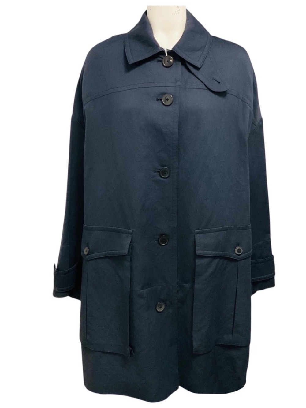 DRIES VAN NOTEN NAVY BLUE CARGO POCKET OVERSIZED LINEN AND COTTON COAT